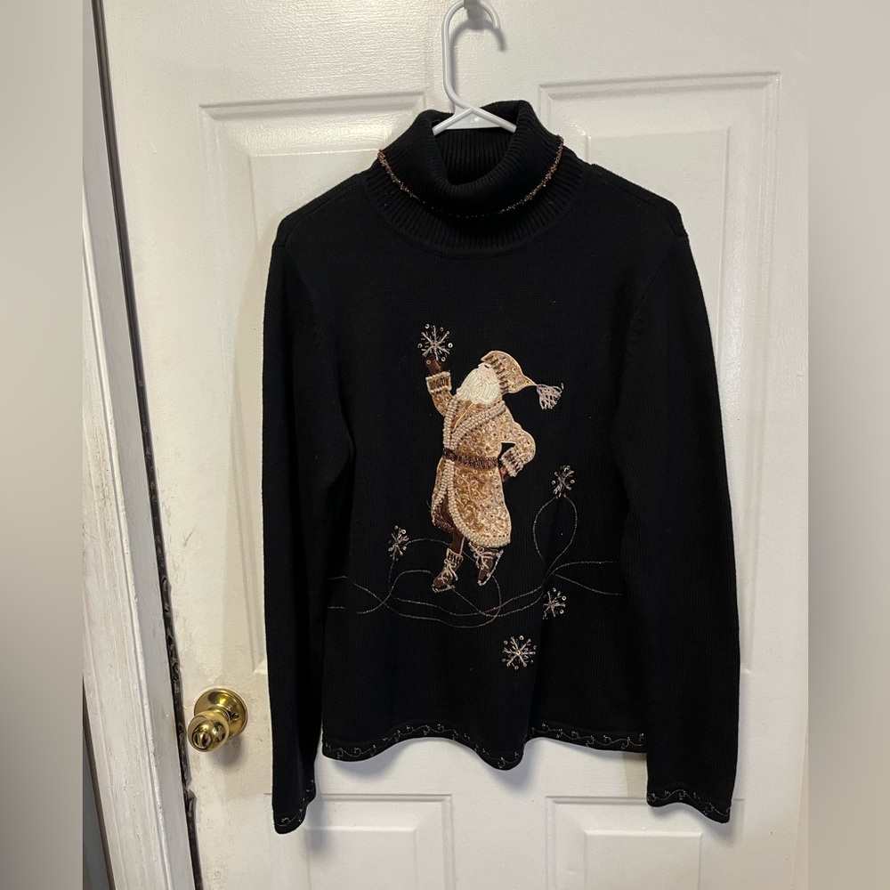 Talbots Black Turtleneck Sweater with old world Santa Embroidery